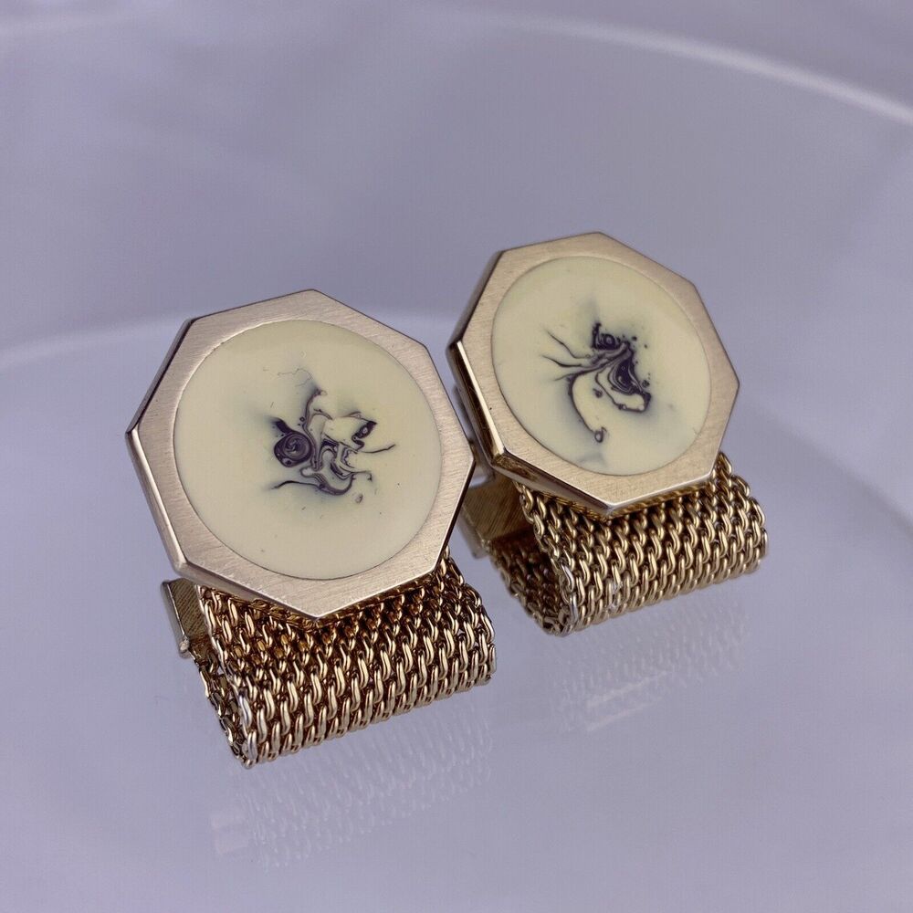 Ink Blot Pour Acrylic Mesh Wrap Cufflinks Gold Tone Hickok Modernist VTG O1